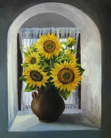 An oil painting on canvas of a nice bouquet of bright yellow sunflowers placed in an arch shaped window